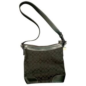 Coach Signature Jacquard Crossbody Shoulder Bag Black Leather Trim Style 6840